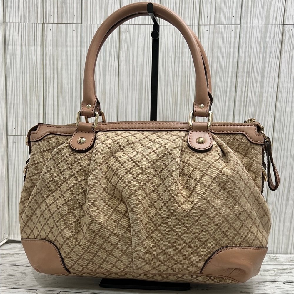 Gucci Beige Canvas Satchel Leather Trim Handbag - Picture 9 of 12